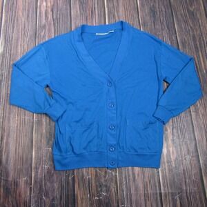 OBJECTIVES Womens M Blue Button Up Shirt V-Neck Long Sleeve Pockets Knit Granny